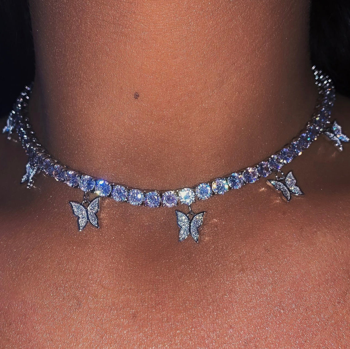 Rhinestone Iced Out Butterfly Choker Necklace —