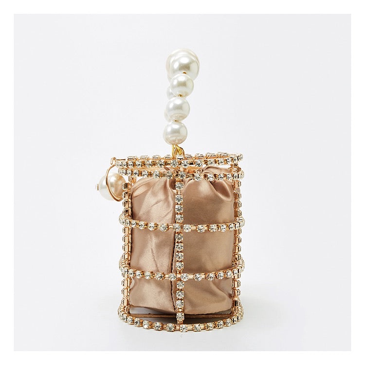 Gold Diamond Jewel Cage Bucket Bag with Pearl Handle AZURA THE LABEL