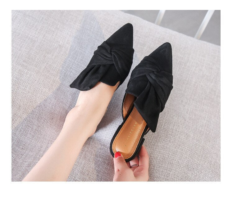 Big Knot Bow Pointed Toe Slip on Mule Shoes