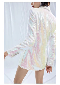 White Shimmer Sequined Long Blazer Jacket