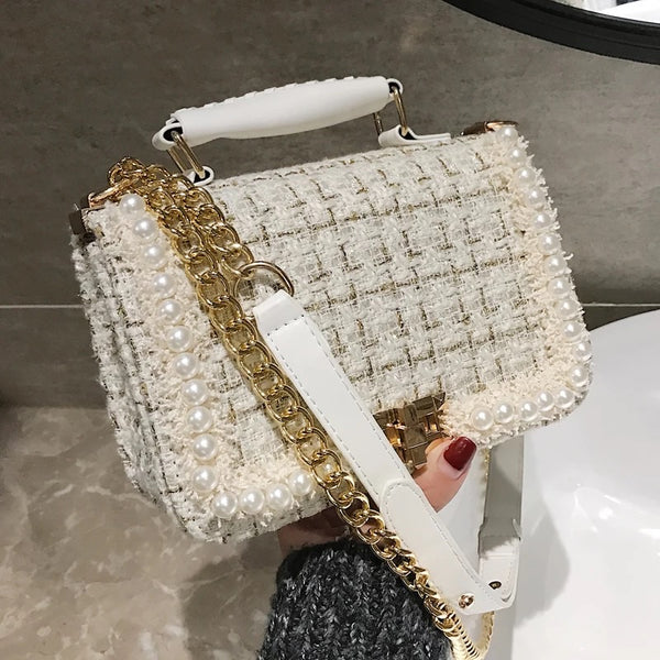 Tweed Pearl Shoulder Flap Bag