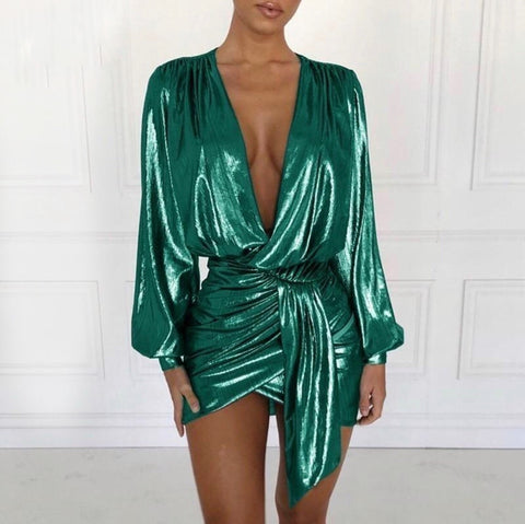 Deep V Neck Shiny Wrap Bandage Bodycon Long Sleeve Dress