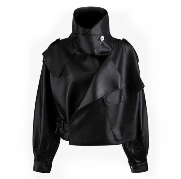 Oversized Turn Down High Neck Collar Black Vegan Leather Jacket