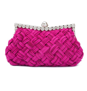 Woven Satin Evening Clutch Bag With Crystal Decoration