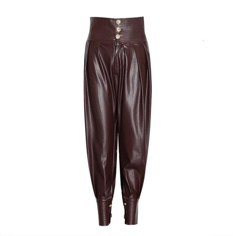 Vegan Leather Ruched Full Length High Waist Trousers