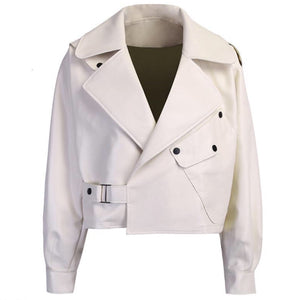 Oversized Turn Down Collar White Vegan Leather Jacket