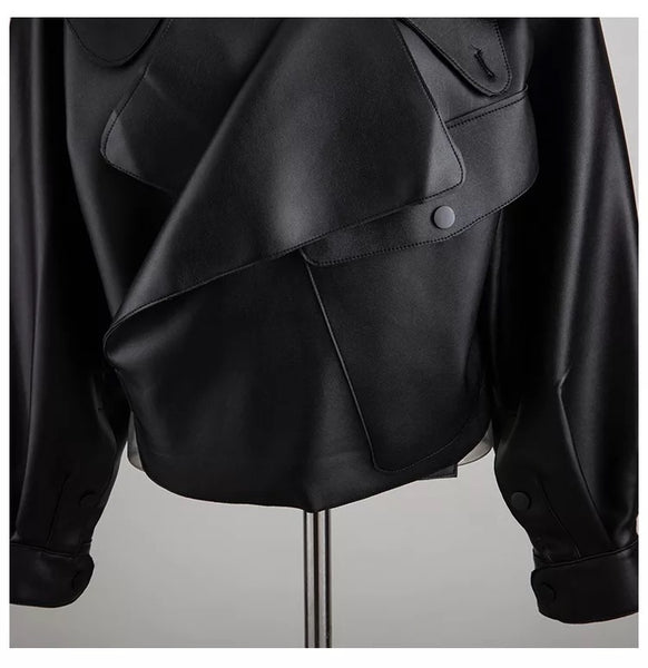 Oversized Turn Down High Neck Collar Black Vegan Leather Jacket