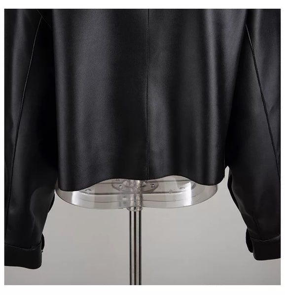 Oversized Turn Down High Neck Collar Black Vegan Leather Jacket