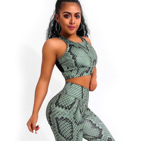 Green Snake Print Yoga Workout Gym Leggings and Sports Bra Set