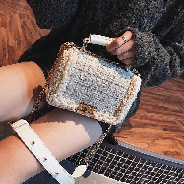 Tweed Pearl Shoulder Flap Bag