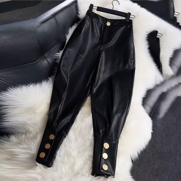 High Waist Black PU Leather Harem Pants