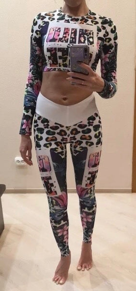 Two Piece Multi Print Yoga Pant and Long Sleeve Top Gym Set