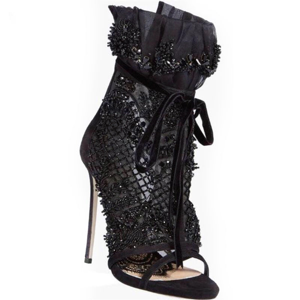 Runway Black Lace Crystal Studded Open Toe Stiletto Boots