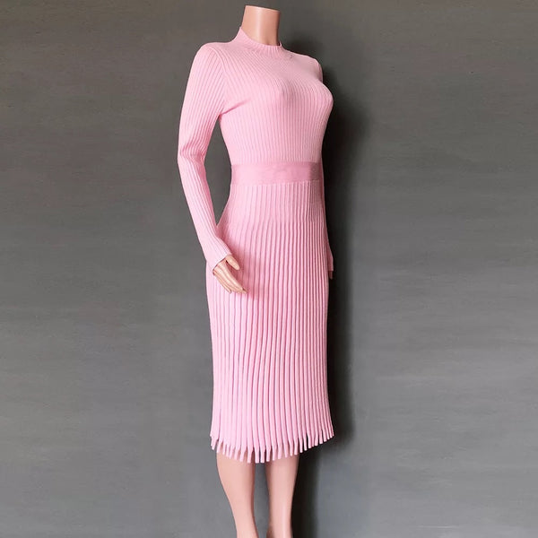 Ribbed Knit Long Pleated Dress