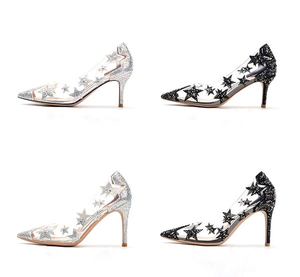 Transparent Crystal Sequin Star High Heel Pointed Toe Shoes