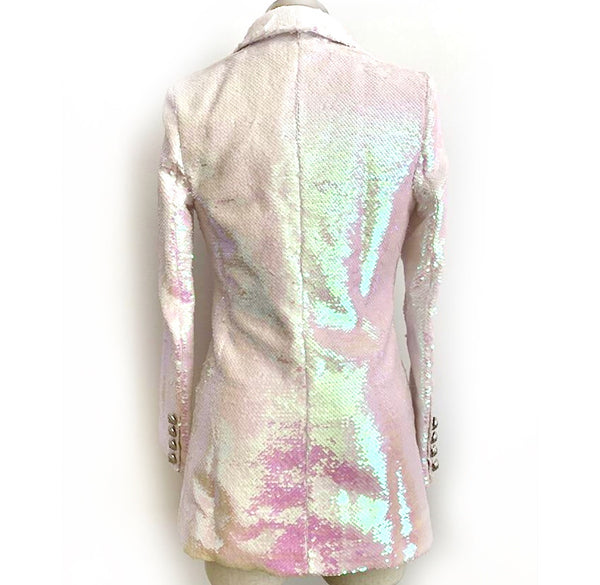 White Shimmer Sequined Long Blazer Jacket