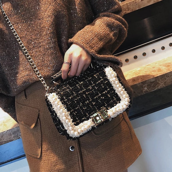 Tweed Pearl Shoulder Flap Bag