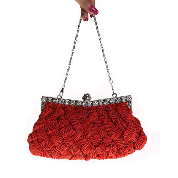 Woven Satin Evening Clutch Bag With Crystal Decoration