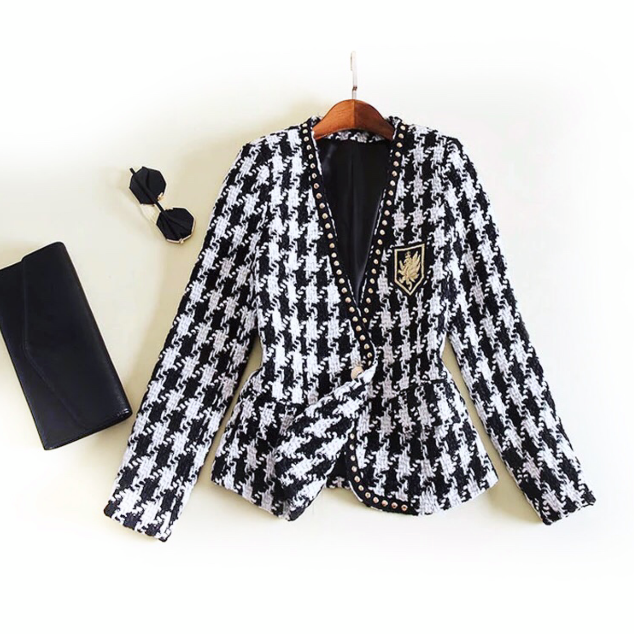 Black and White Houndstooth Tweed Elle Blazer