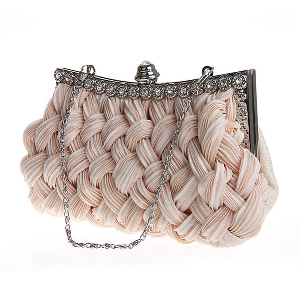 Woven Satin Evening Clutch Bag With Crystal Decoration