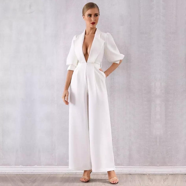 Low V Neck Wide Leg White Jumpsuit