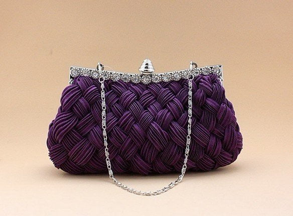 Woven Satin Evening Clutch Bag With Crystal Decoration