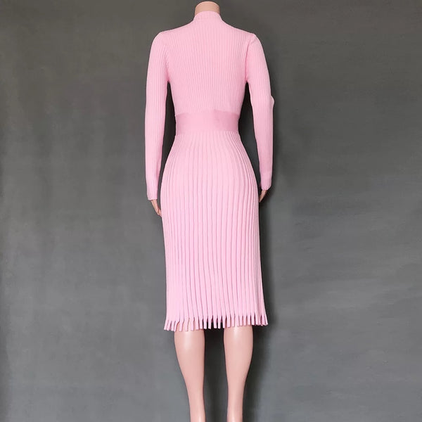 Ribbed Knit Long Pleated Dress