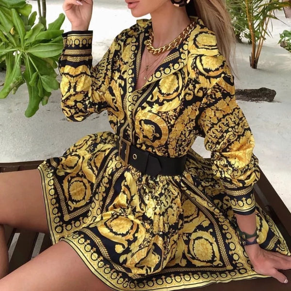 Donatella Gold and Black Print Short Dress