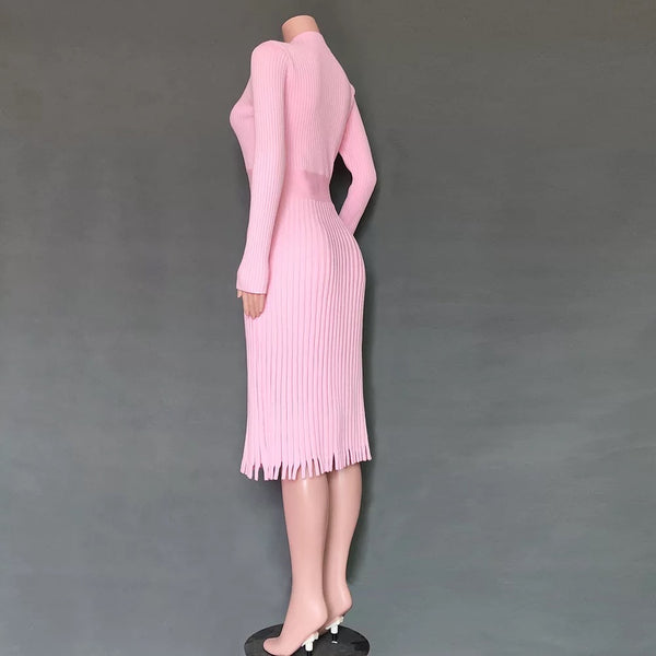 Ribbed Knit Long Pleated Dress