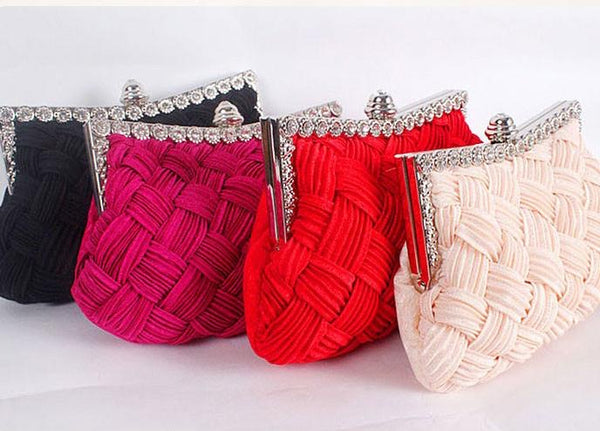 Woven Satin Evening Clutch Bag With Crystal Decoration