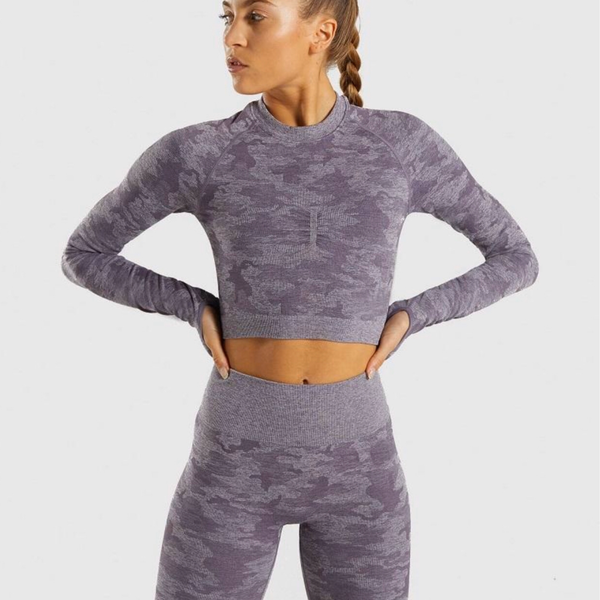 Two Piece Seamless Army Camouflage Long Sleeve Top and Gym Leggings Set