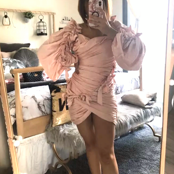 Champagne Pink Off Shoulder Asymmetric Mini Dress