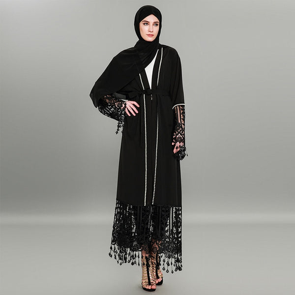 Black Lacy Abaya Robe with Cream Trim Detail