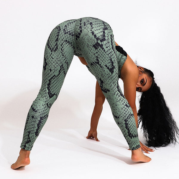 Green Snake Print Yoga Workout Gym Leggings and Sports Bra Set