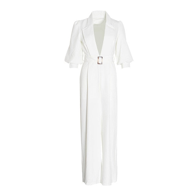 Low V Neck Wide Leg White Jumpsuit