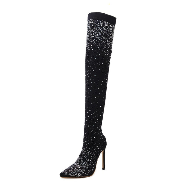 Thigh High Rhinestone Crystal High Heel Sock Boots