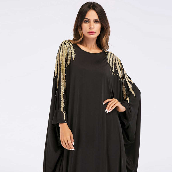 Black Batwing Loose Abaya Style O-Neck Gown with Gold Embellishment Detail