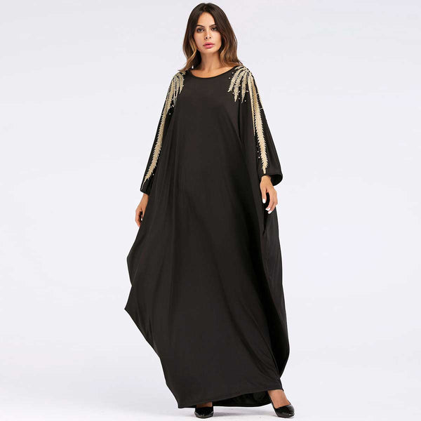 Black Batwing Loose Abaya Style O-Neck Gown with Gold Embellishment Detail