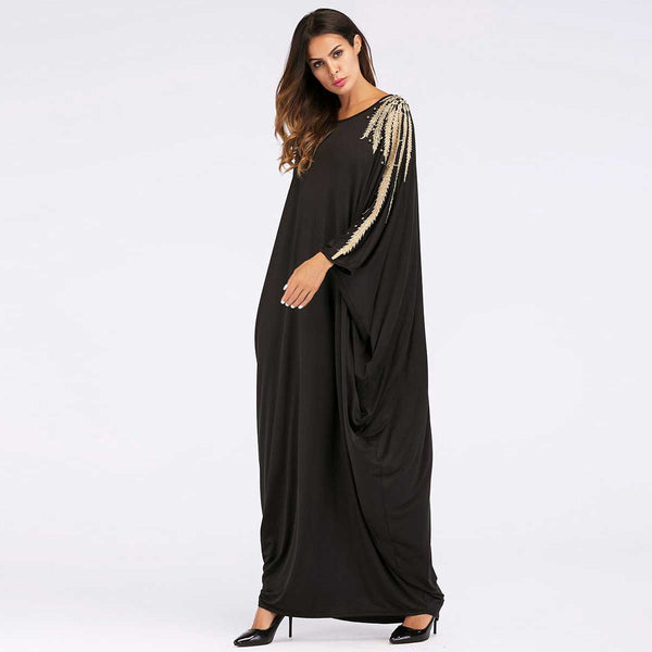 Black Batwing Loose Abaya Style O-Neck Gown with Gold Embellishment Detail