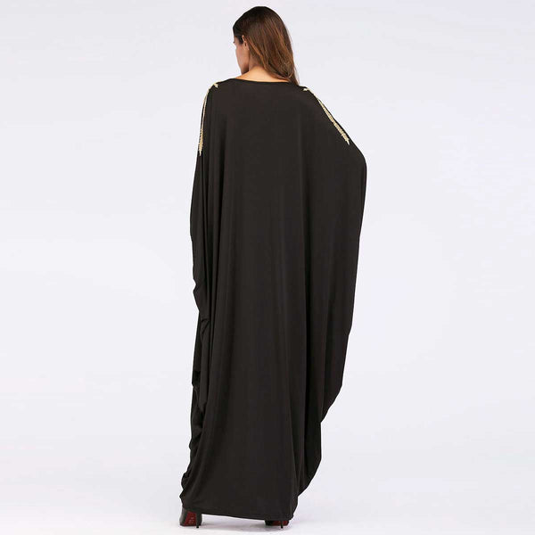 Black Batwing Loose Abaya Style O-Neck Gown with Gold Embellishment Detail