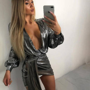 Deep V Neck Shiny Wrap Bandage Bodycon Long Sleeve Dress