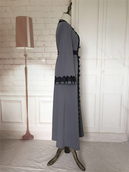 Embroidered Edge detail Lace Robe Abaya with Belt