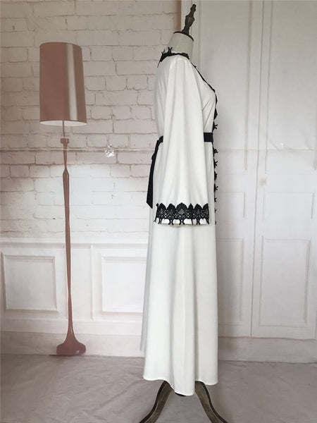 Embroidered Edge detail Lace Robe Abaya with Belt