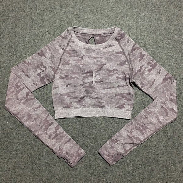 Two Piece Seamless Army Camouflage Long Sleeve Top and Gym Leggings Set