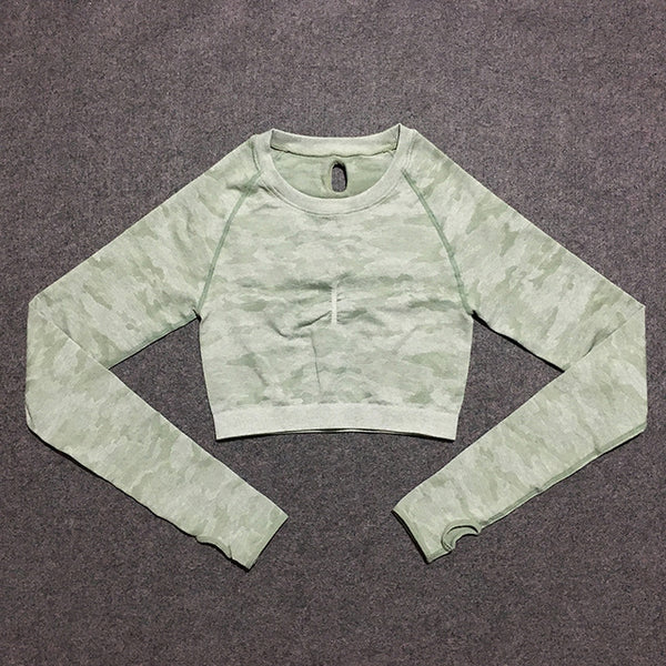 Two Piece Seamless Army Camouflage Long Sleeve Top and Gym Leggings Set