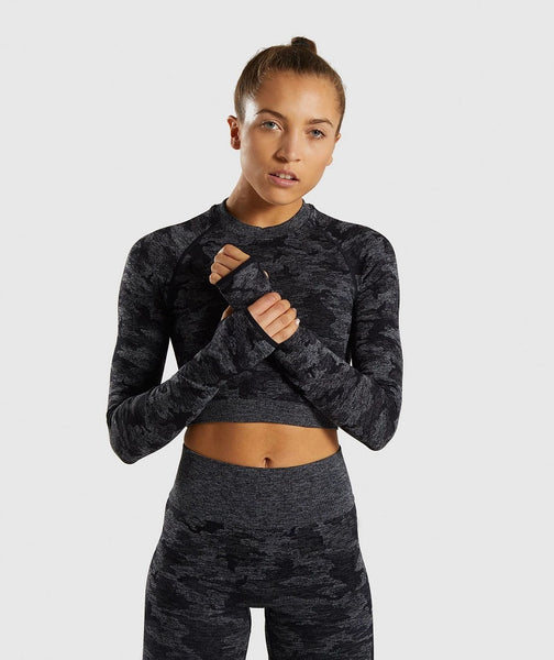 Two Piece Seamless Army Camouflage Long Sleeve Top and Gym Leggings Set