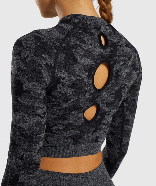 Two Piece Seamless Army Camouflage Long Sleeve Top and Gym Leggings Set