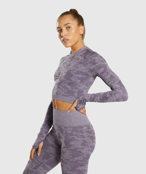 Two Piece Seamless Army Camouflage Long Sleeve Top and Gym Leggings Set