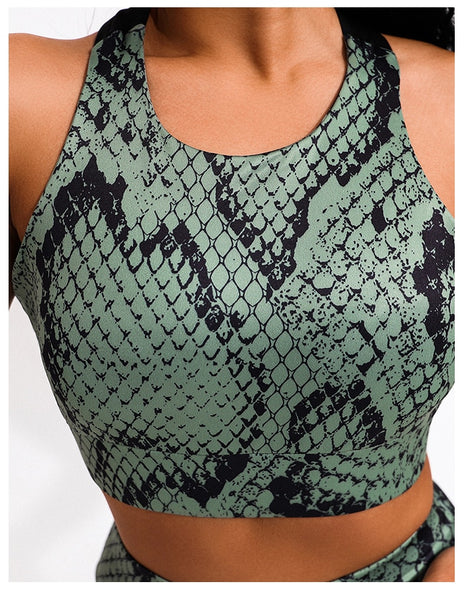 Green Snake Print Yoga Workout Gym Leggings and Sports Bra Set