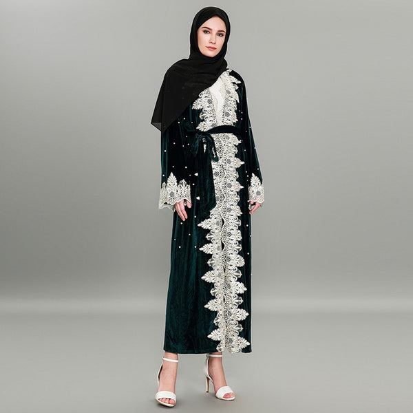 Green Velvet Pearl Beaded Abaya Robe with Lace Trim